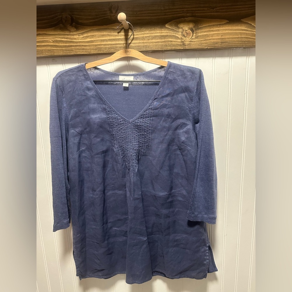 J Jill Love Linen Women's Blue VNeck Top Pintuk Sz M Beachy Coastal Sustainable